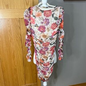 Express Floral Ruched Long Sleeve Dress in Pink, Purple, Cream